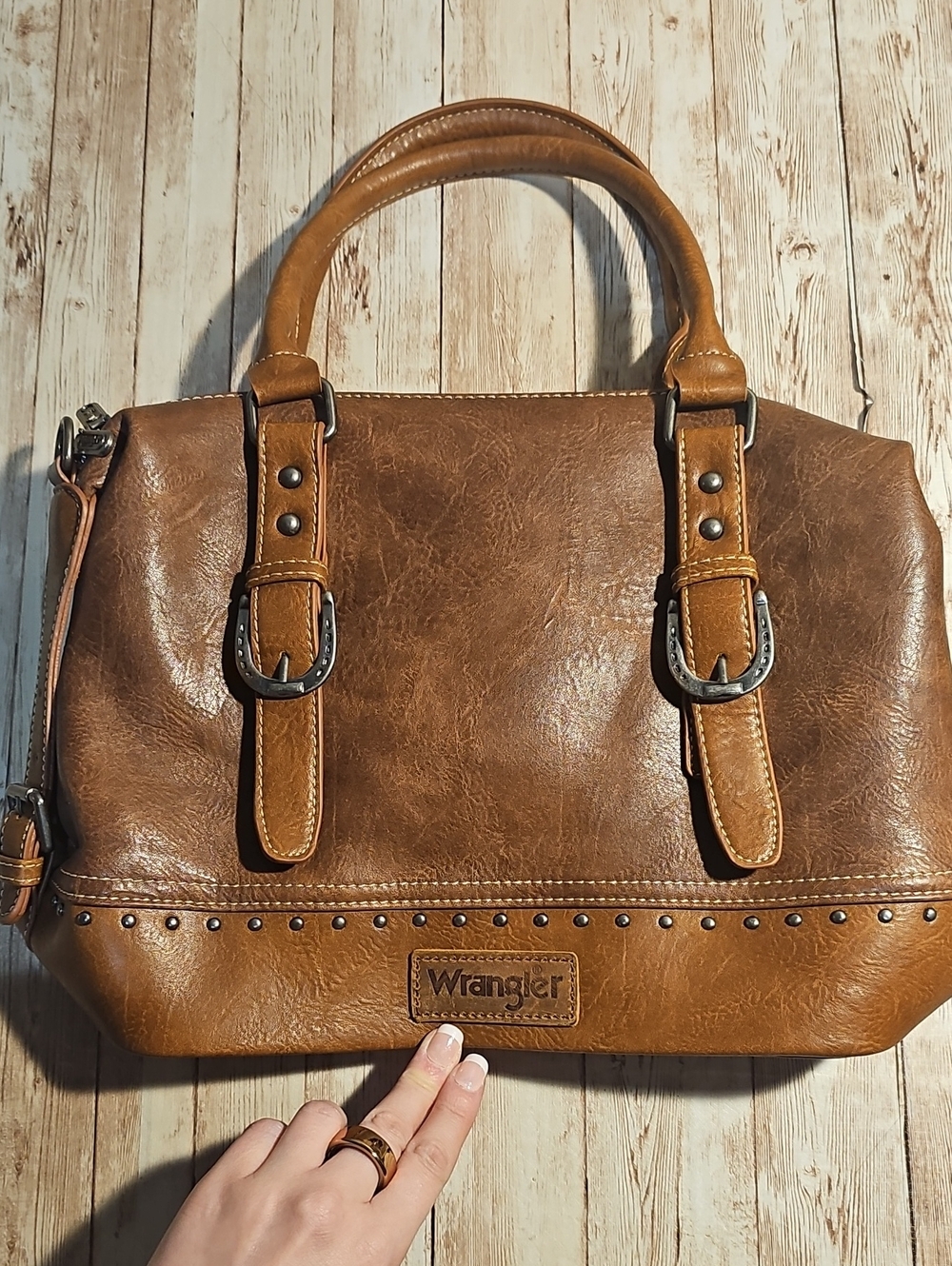 Wrangler Doctor Bag- Brown Tan Dual-Handle Satchel with Stud Accents